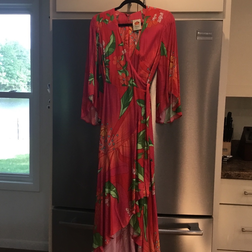 @farmrio Ankle length wrap cocktail dress, size M. Fuschia, orange, green.